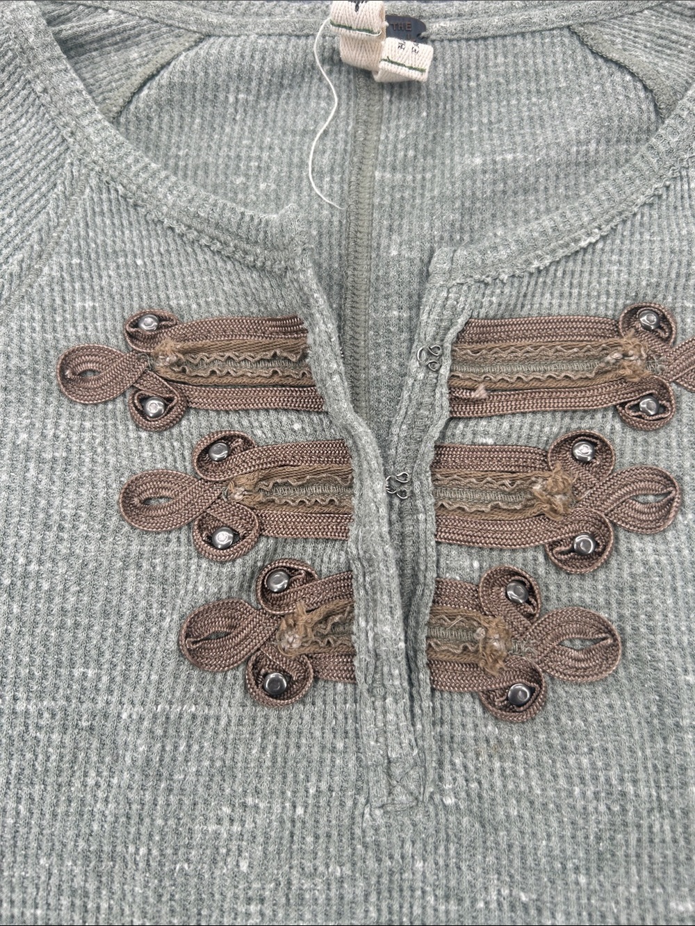 We The Free Free People Thermal Henley Top Olive Green Waffle Knit XS Boho - Picture 4 of 9